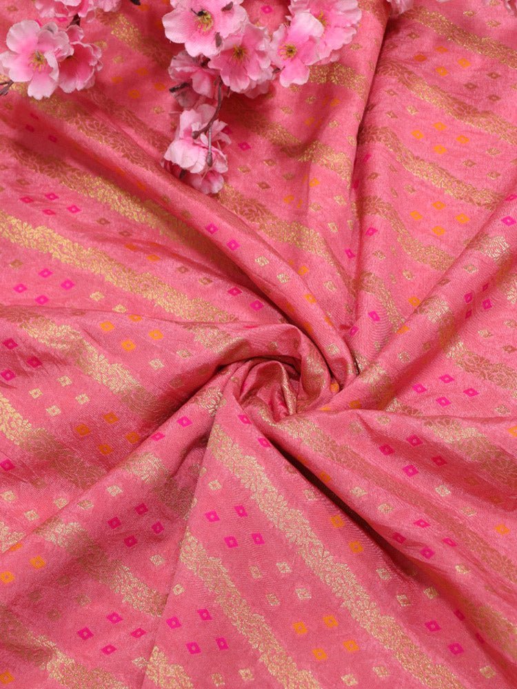 Pink Banarasi Meenakari Bandhani Design Silk Fabric ( 1 Mtr ) - Luxurion World