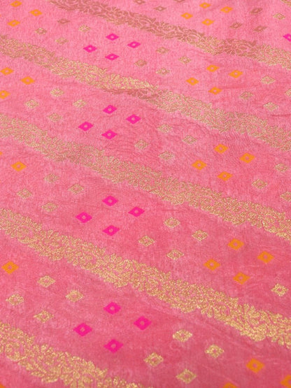 Pink Banarasi Meenakari Bandhani Design Silk Fabric ( 1 Mtr )