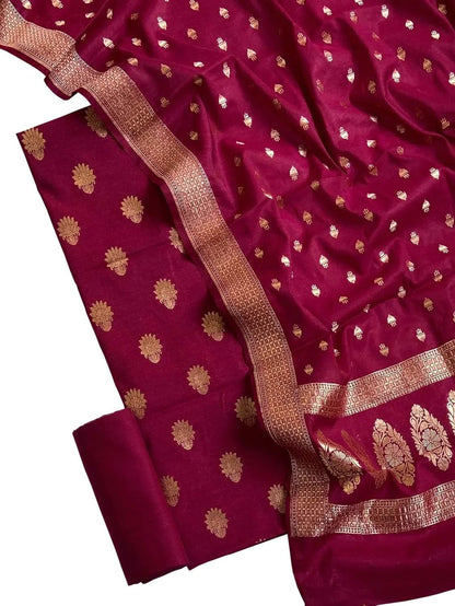 Pink Banarasi Moonga Silk Three Piece Unstitched Suit Set