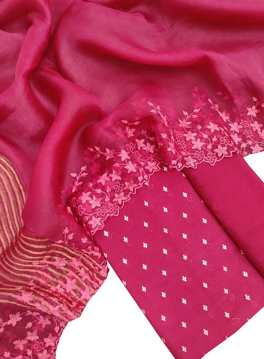 Pink Banarasi Moonga Silk Three Piece Unstitched Suit Set - Luxurion World
