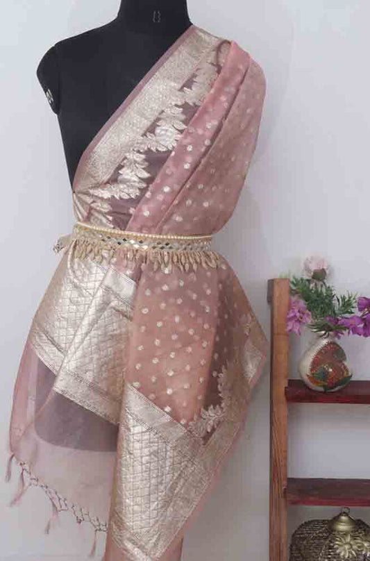 Pink Banarasi Organza Dupatta - Luxurion World