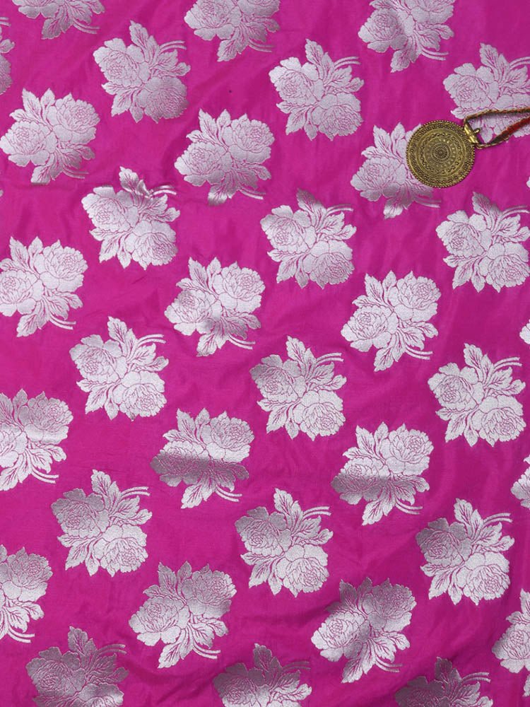 Pink Banarasi Silk Silver Zari Floral Design Fabric ( 0.5 Mtr ) - Luxurion World