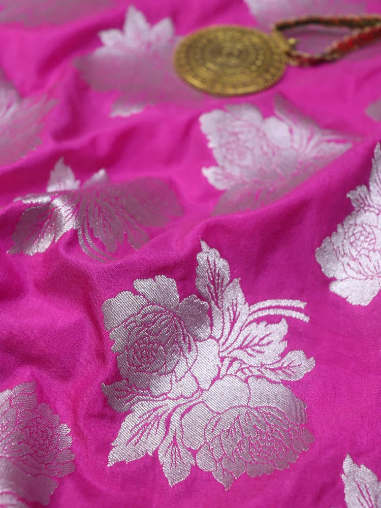 Pink Banarasi Silk Silver Zari Floral Design Fabric ( 0.5 Mtr ) - Luxurion World