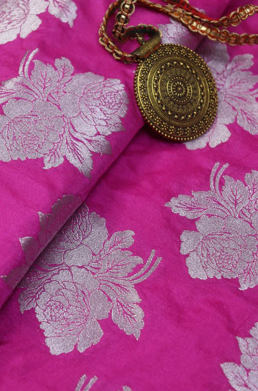 Pink Banarasi Silk Silver Zari Floral Design Fabric ( 0.5 Mtr ) - Luxurion World
