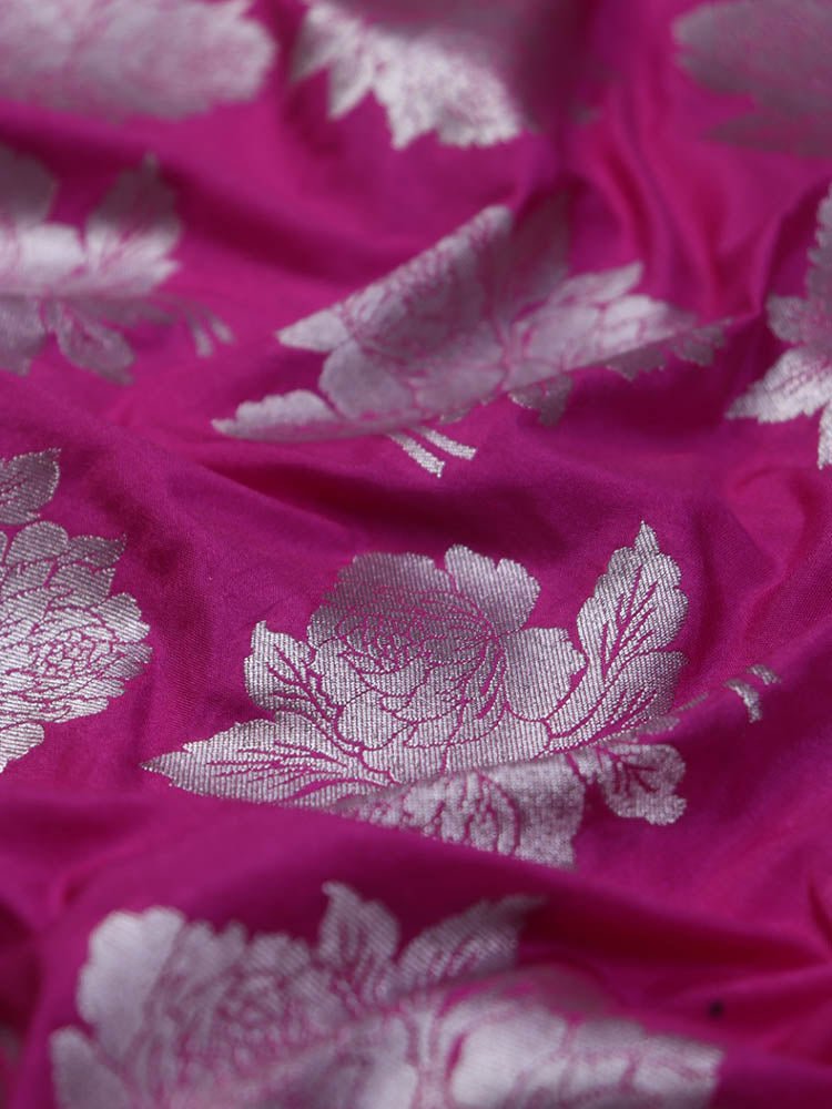 Pink Banarasi Silk Silver Zari Floral Design Fabric ( 0.5 Mtr ) - Luxurion World