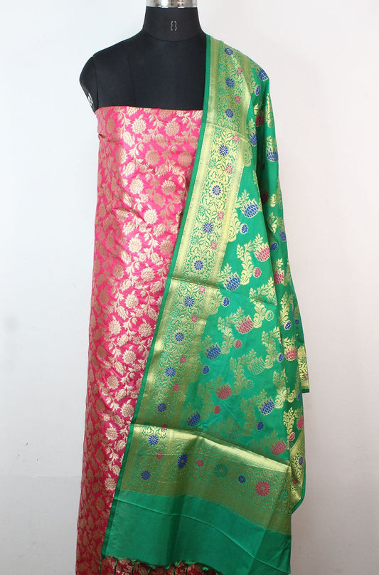 Pink Banarasi Silk Suit With Green Banarasi Silk Meenakari Dupatta - Luxurion World