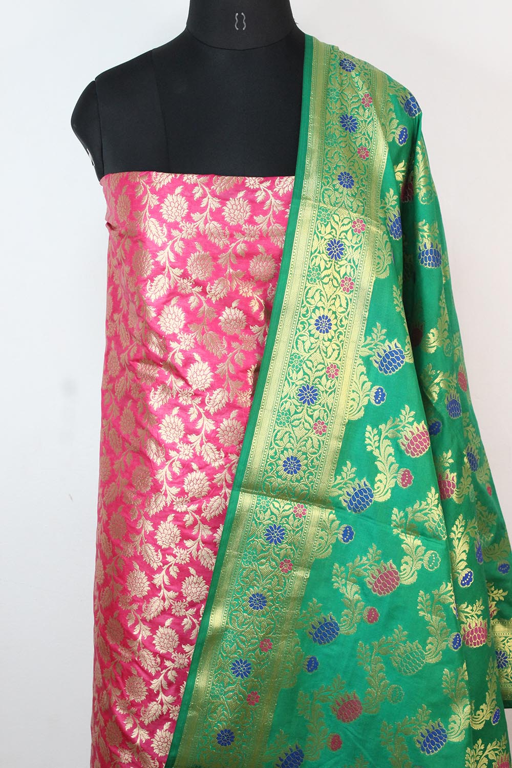 Pink Banarasi Silk Suit With Green Banarasi Silk Meenakari Dupatta