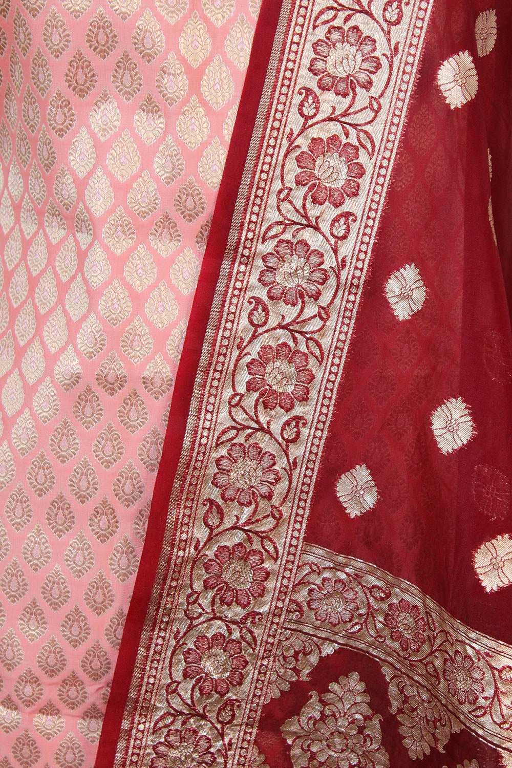 Pink Banarasi Silk Suit With Maroon Banarasi Organza Dupatta - Luxurion World