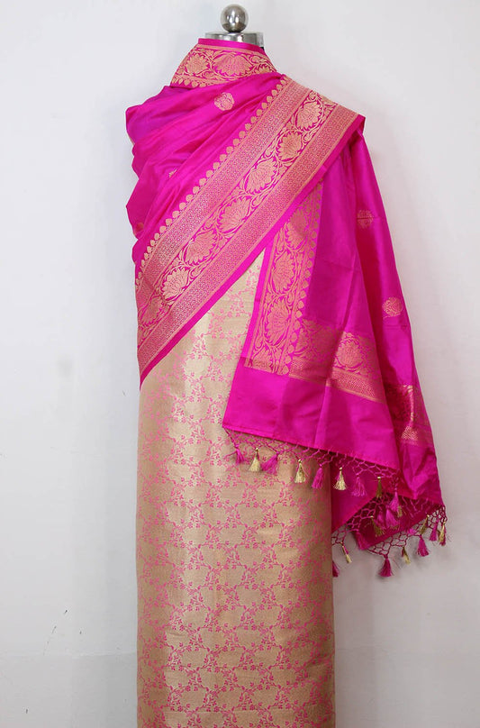 Pink Banarasi Tissue Silk Suit With Pink Handloom Banarasi Pure Katan Silk Dupatta - Luxurion World
