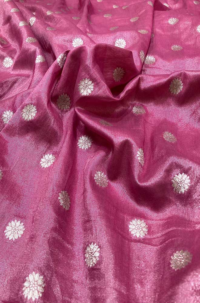 Pink Banarasi Tissue Silk Zari Booti Design Fabric ( 1 Mtr )