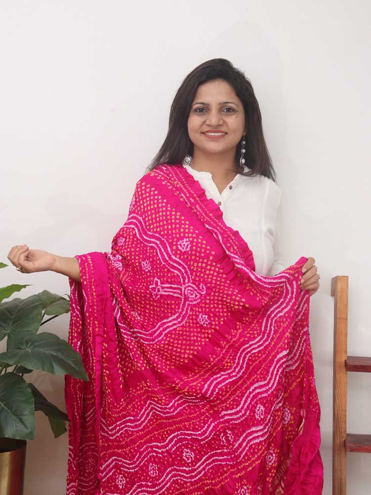 Pink Bandhani Gajji Silk Dupatta - Luxurion World