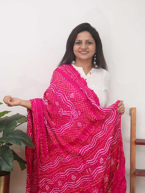 Pink Bandhani Gajji Silk Dupatta - Luxurion World