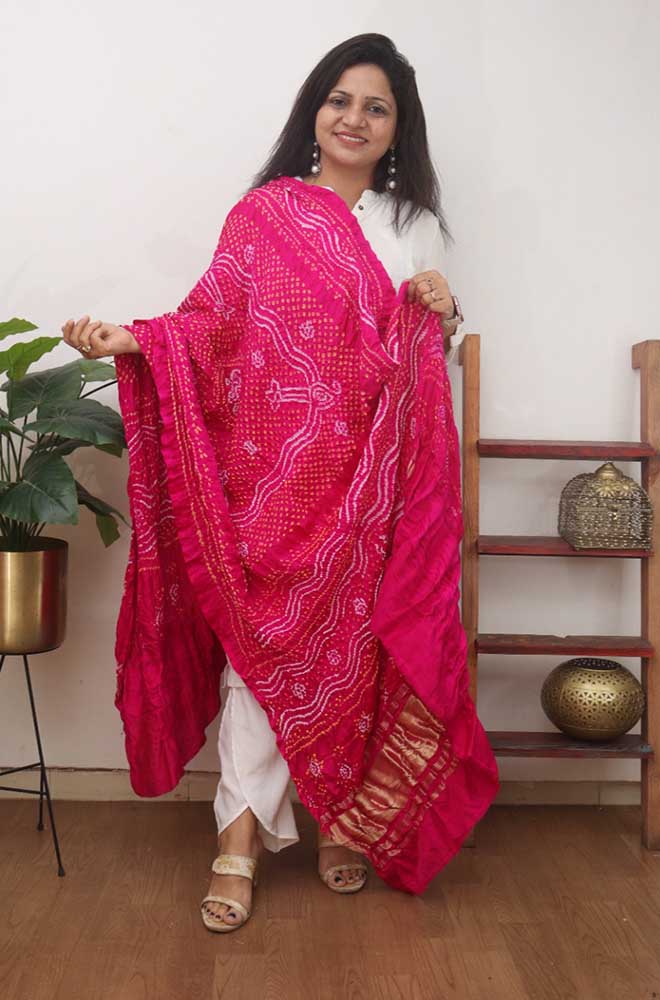 Pink Bandhani Gajji Silk Dupatta - Luxurion World