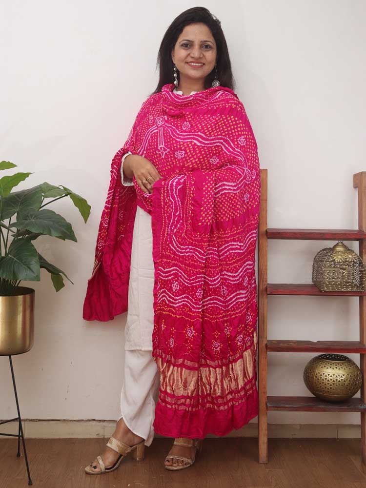 Pink Bandhani Gajji Silk Dupatta - Luxurion World