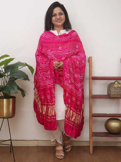 Pink Bandhani Gajji Silk Dupatta - Luxurion World