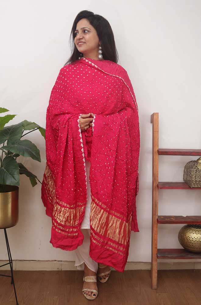 Pink Bandhani Modal Silk Dupatta - Luxurion World