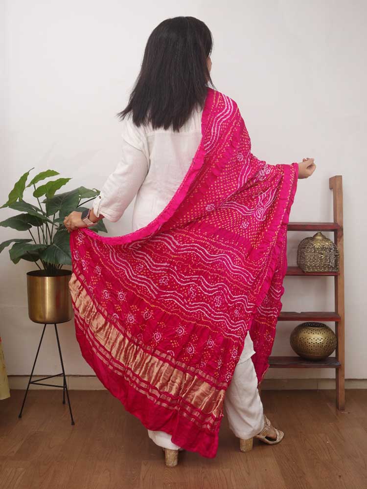 Pink Bandhani Gajji Silk Dupatta - Luxurion World