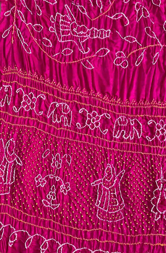 Pink Bandhani Pure Gajji Silk Rai Bhandhej Dupatta - Luxurion World