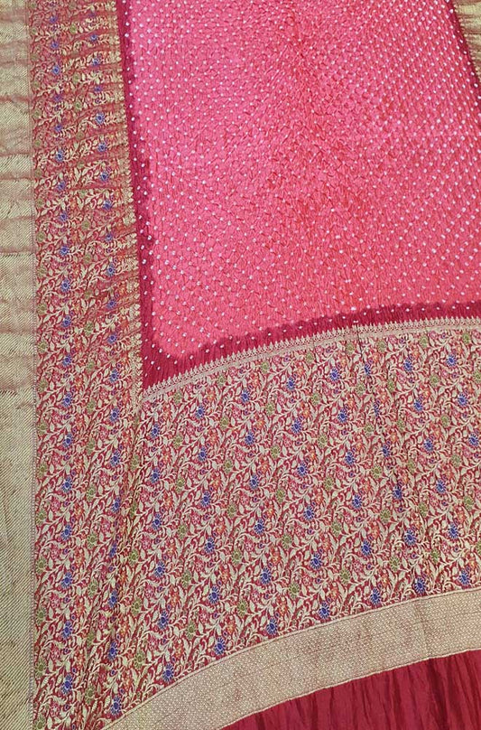 Pink Bandhani Pure Silk Kanjeevaram Border Saree - Luxurion World