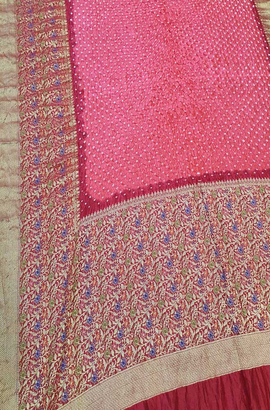 Pink Bandhani Pure Silk Kanjeevaram Border Saree - Luxurion World
