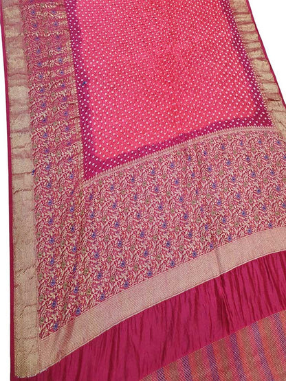 Pink Bandhani Pure Silk Kanjeevaram Border Saree - Luxurion World