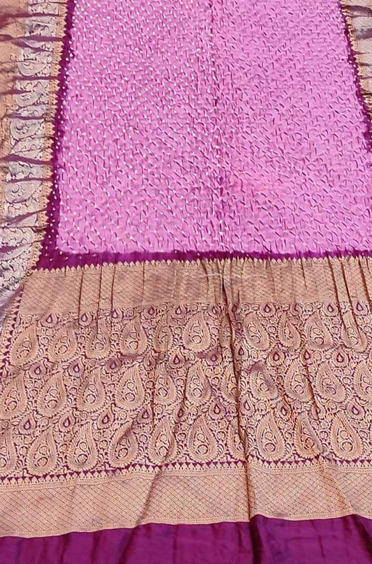Pink Bandhani Pure Silk Kanjeevaram Border Saree - Luxurion World