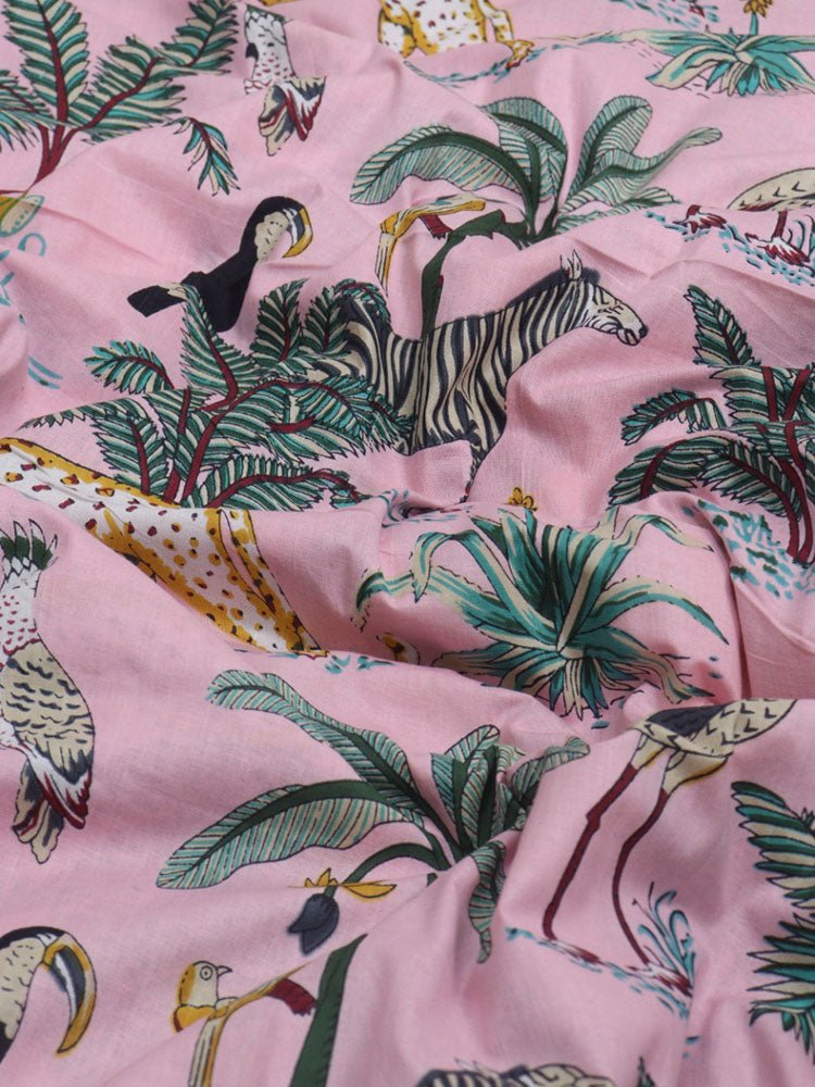 Pink Block Printed Cotton Fabric ( 1 Mtr ) - Luxurion World