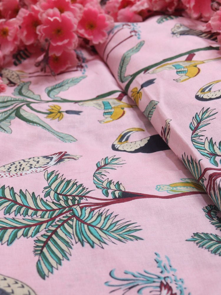 Pink Block Printed Cotton Fabric ( 1 Mtr ) - Luxurion World