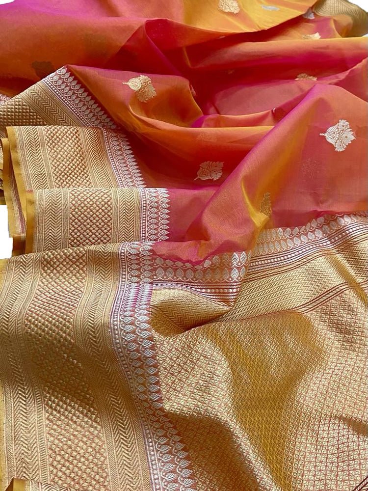 Pink By Orange Handloom Banarasi Pure Kora Silk Saree - Luxurion World