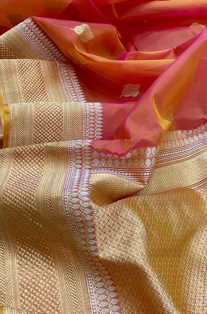 Pink By Orange Handloom Banarasi Pure Kora Silk Saree