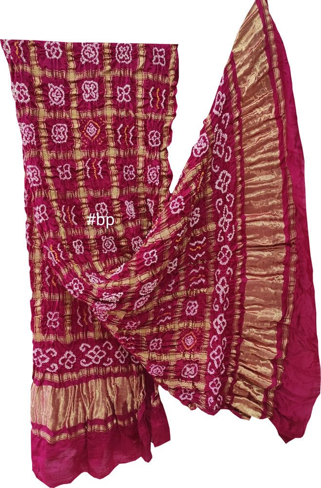 Pink Checks Bandhani Pure Gajji Silk Tissue Border Dupatta - Luxurion World