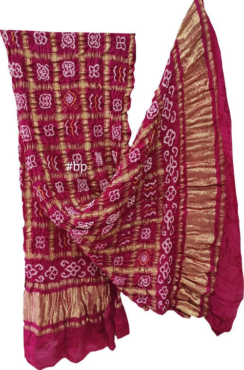 Pink Checks Bandhani Pure Gajji Silk Tissue Border Dupatta - Luxurion World