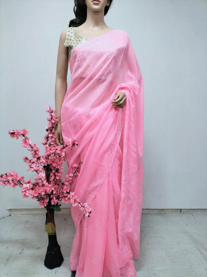 Pink Chikankari Pure Cotton Saree with Hand Painted Blouse - Luxurion World
