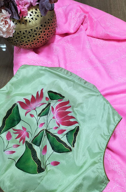 Pink Chikankari Pure Cotton Saree with Hand Painted Blouse - Luxurion World