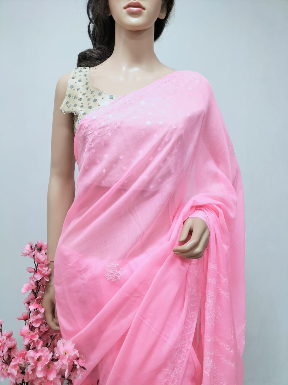 Pink Chikankari Pure Cotton Saree with Hand Painted Blouse - Luxurion World