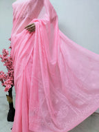 Pink Chikankari Pure Cotton Saree with Hand Painted Blouse - Luxurion World