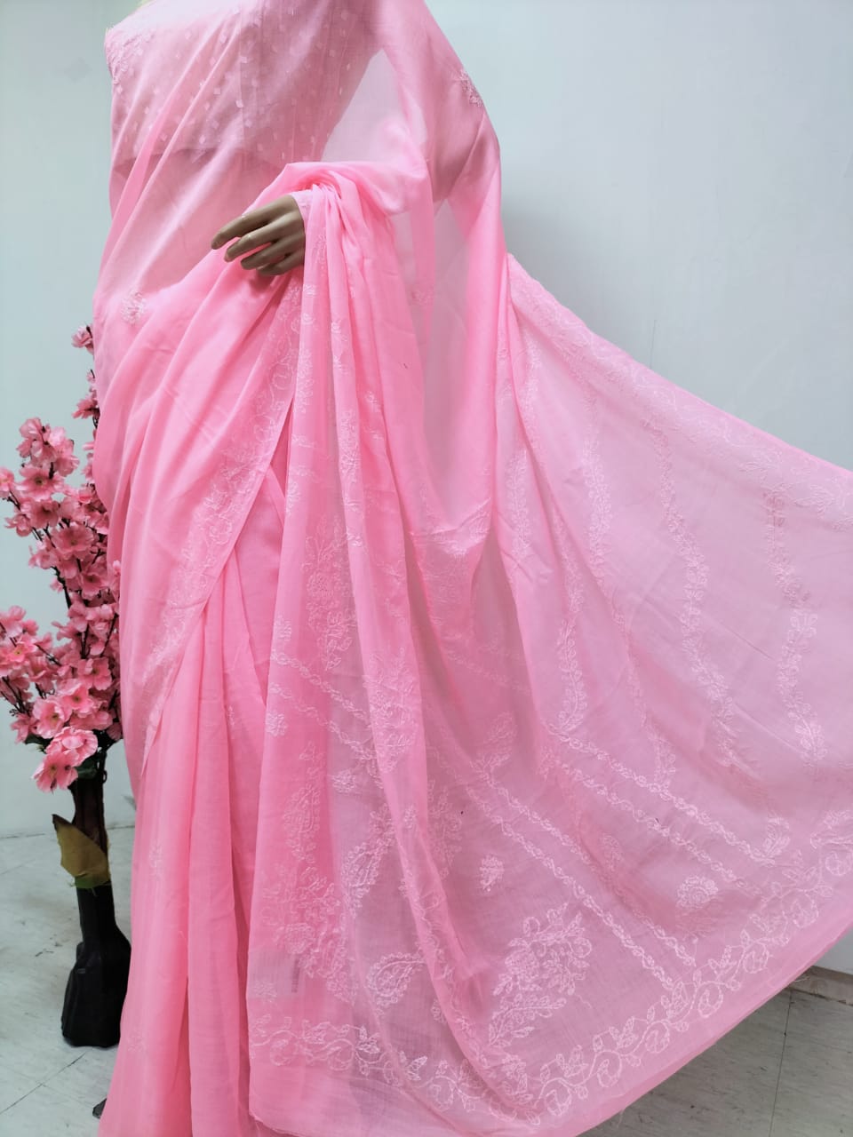 Pink Chikankari Pure Cotton Saree with Hand Painted Blouse - Luxurion World