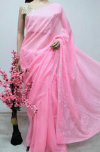 Pink Chikankari Pure Cotton Saree with Hand Painted Blouse - Luxurion World