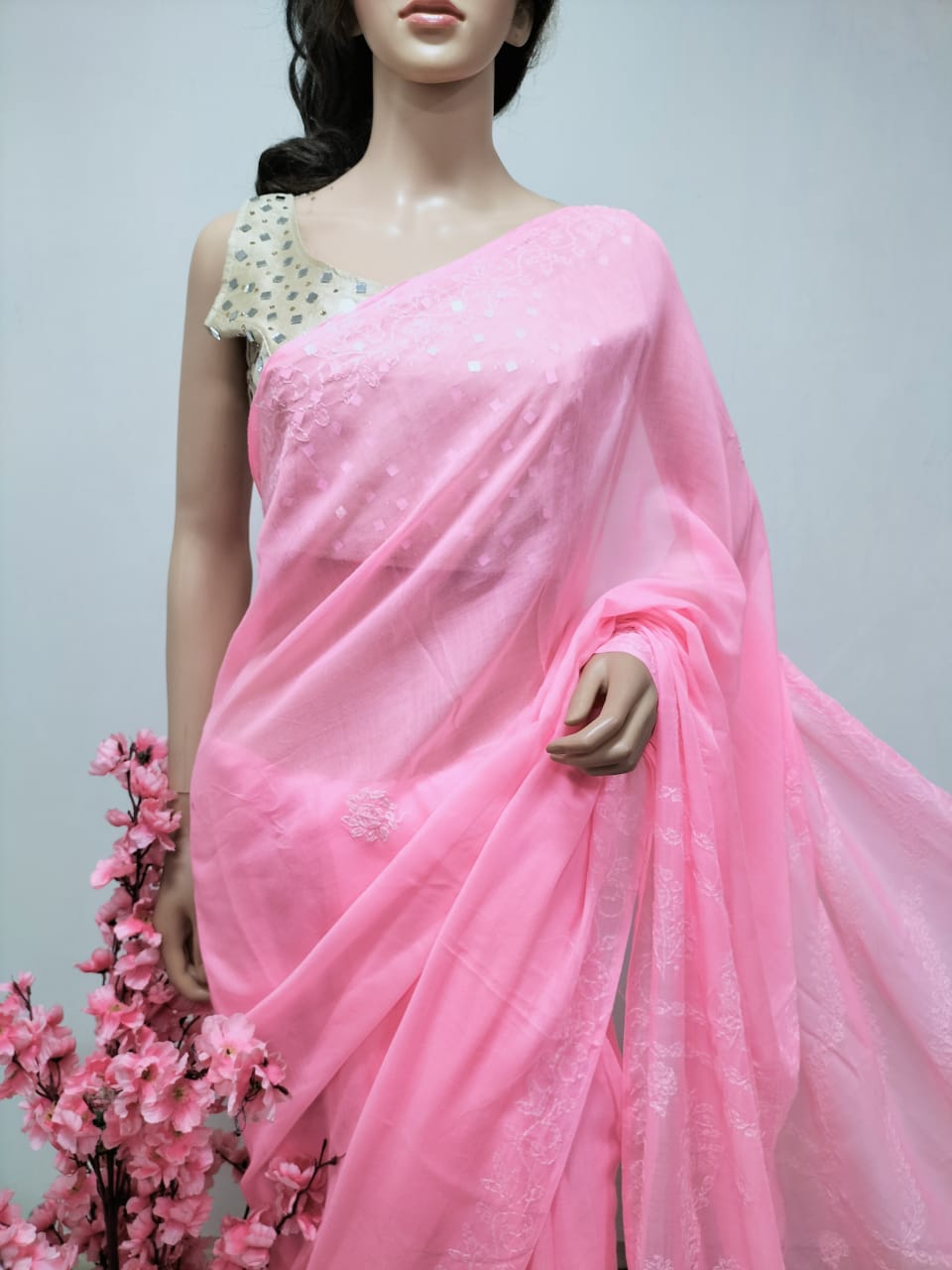 Pink Chikankari Pure Cotton Saree with Hand Painted Blouse - Luxurion World
