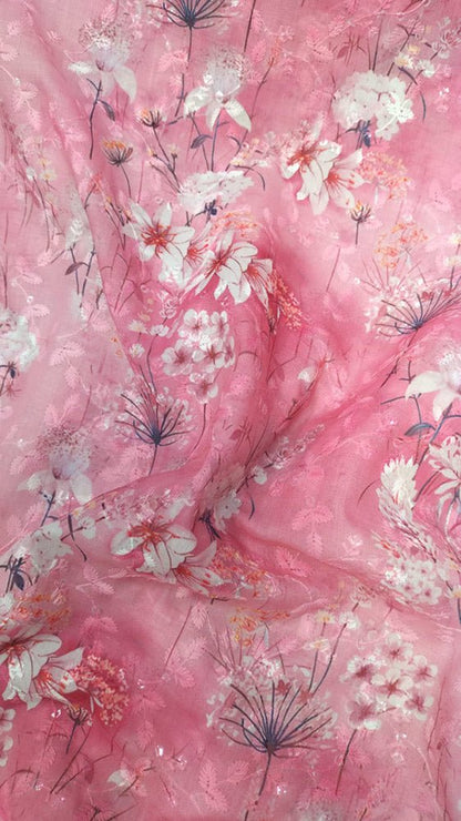 Pink Digital Printed Chikankari Cotton Sequins Work Fabric ( 1 Mtr ) Luxurionworld