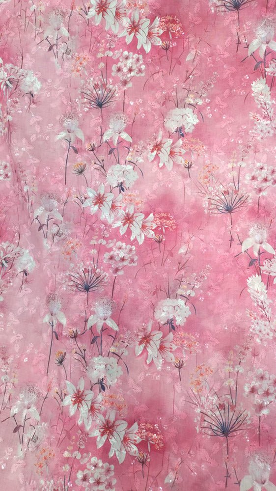 Pink Digital Printed Chikankari Cotton Sequins Work Fabric ( 1 Mtr ) - Luxurion World