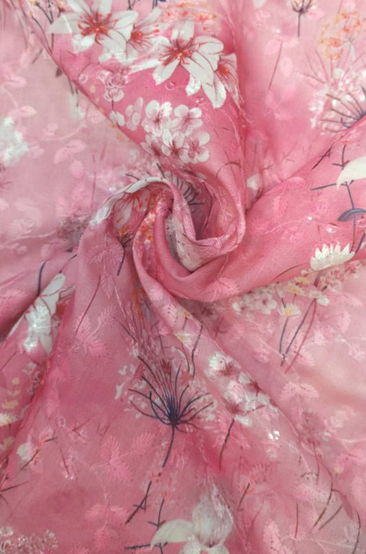 Pink Digital Printed Chikankari Cotton Sequins Work Fabric ( 1 Mtr ) - Luxurion World