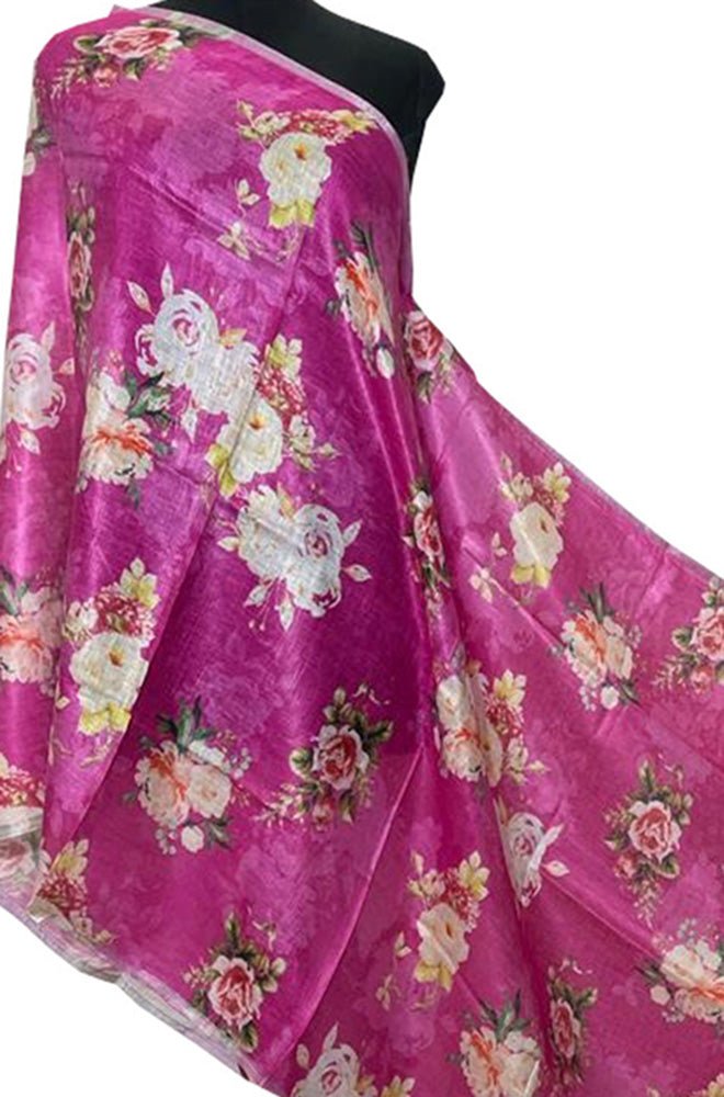 Pink Digital Printed Linen Floral Design Dupatta - Luxurion World