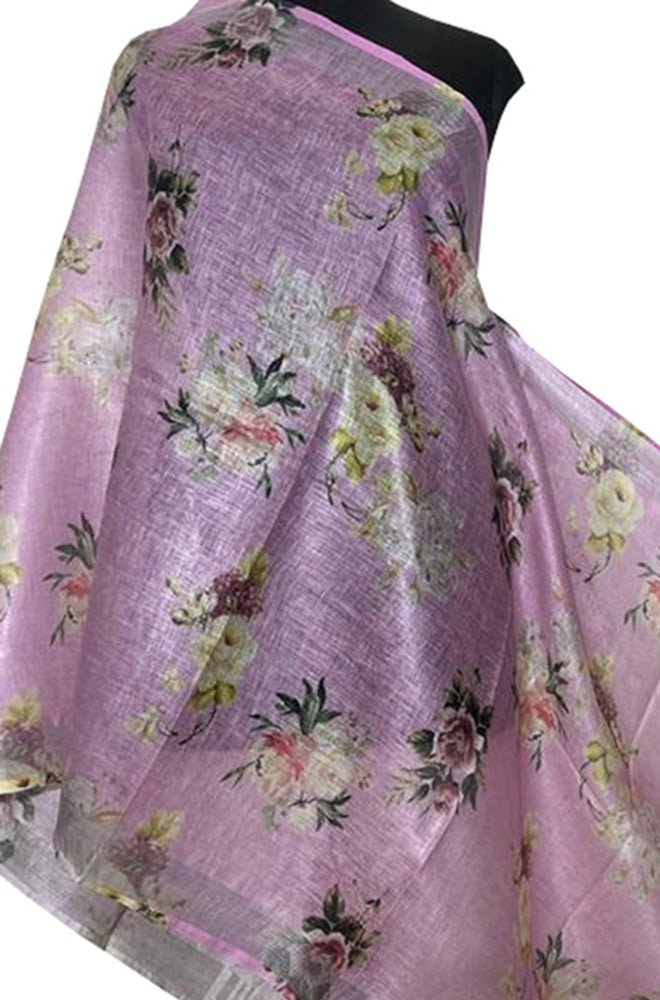 Pink Digital Printed Linen Floral Design Dupatta - Luxurion World