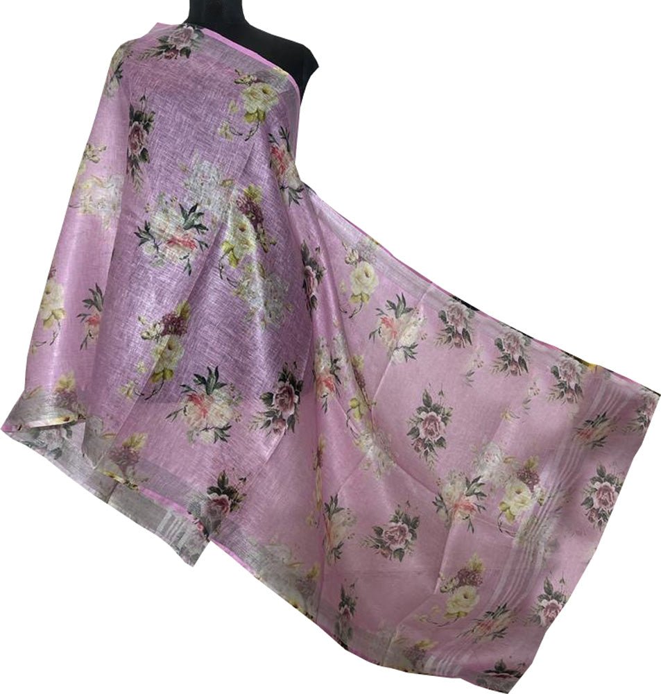Pink Digital Printed Linen Floral Design Dupatta - Luxurion World