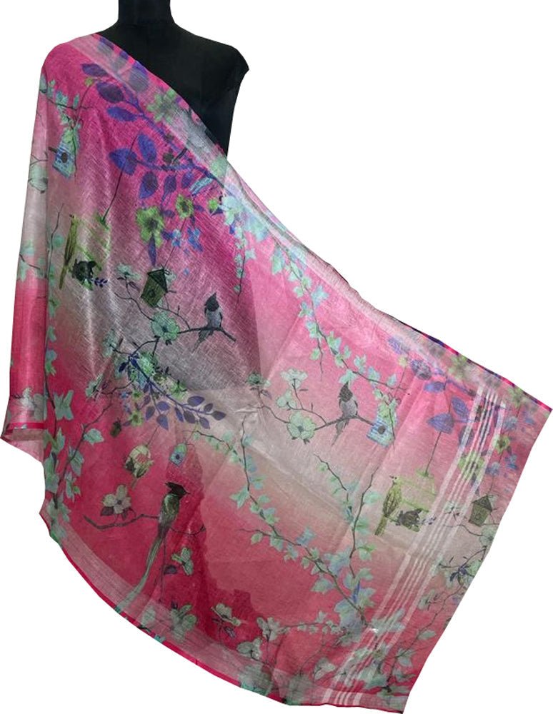 Pink Digital Printed Linen Floral Design Dupatta - Luxurion World