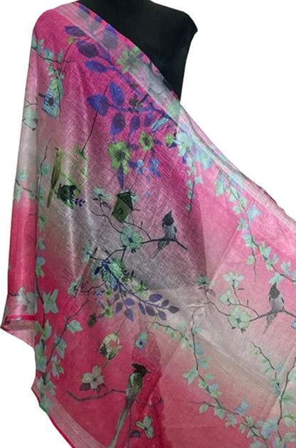 Pink Digital Printed Linen Floral Design Dupatta - Luxurion World
