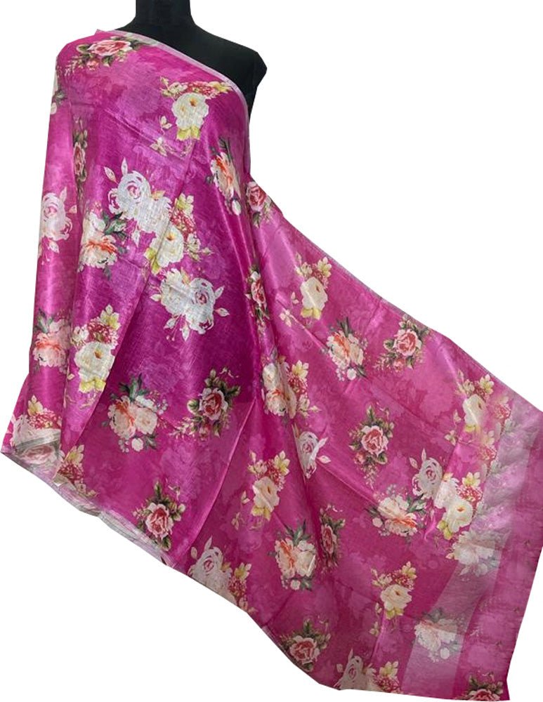 Pink Digital Printed Linen Floral Design Dupatta - Luxurion World