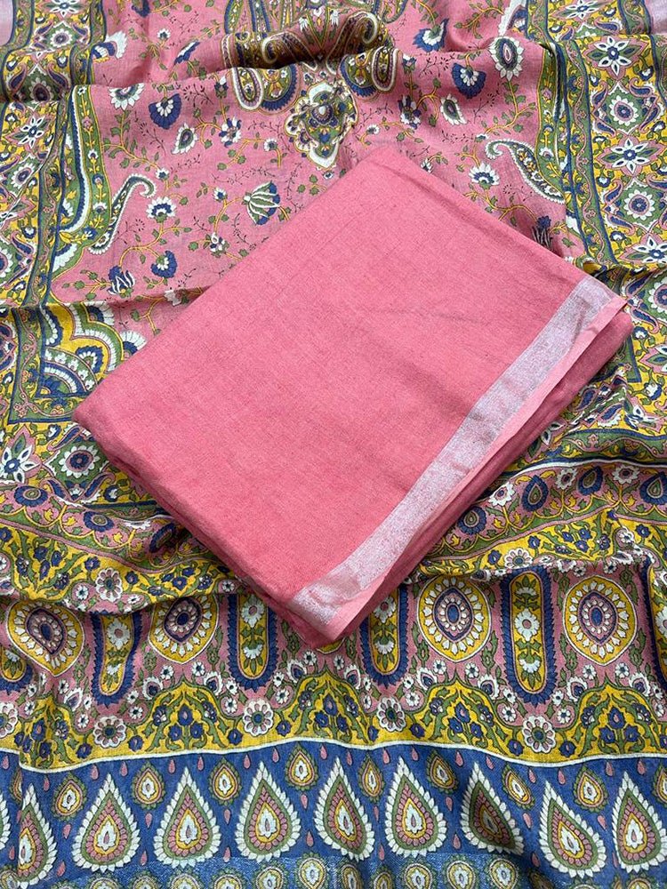Pink Digital Printed Linen Three Piece Unstitched Suit Set - Luxurion World