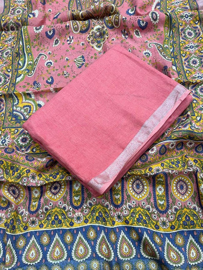 Pink Digital Printed Linen Three Piece Unstitched Suit Set - Luxurion World
